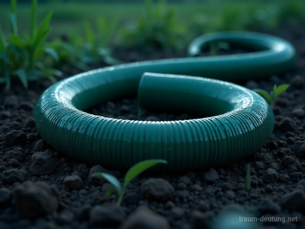 Traumdeutung Schlauch: Ein dunkler Gartenschlauch liegt auf feuchter Erde im Mondlicht, umgeben von Nebel.