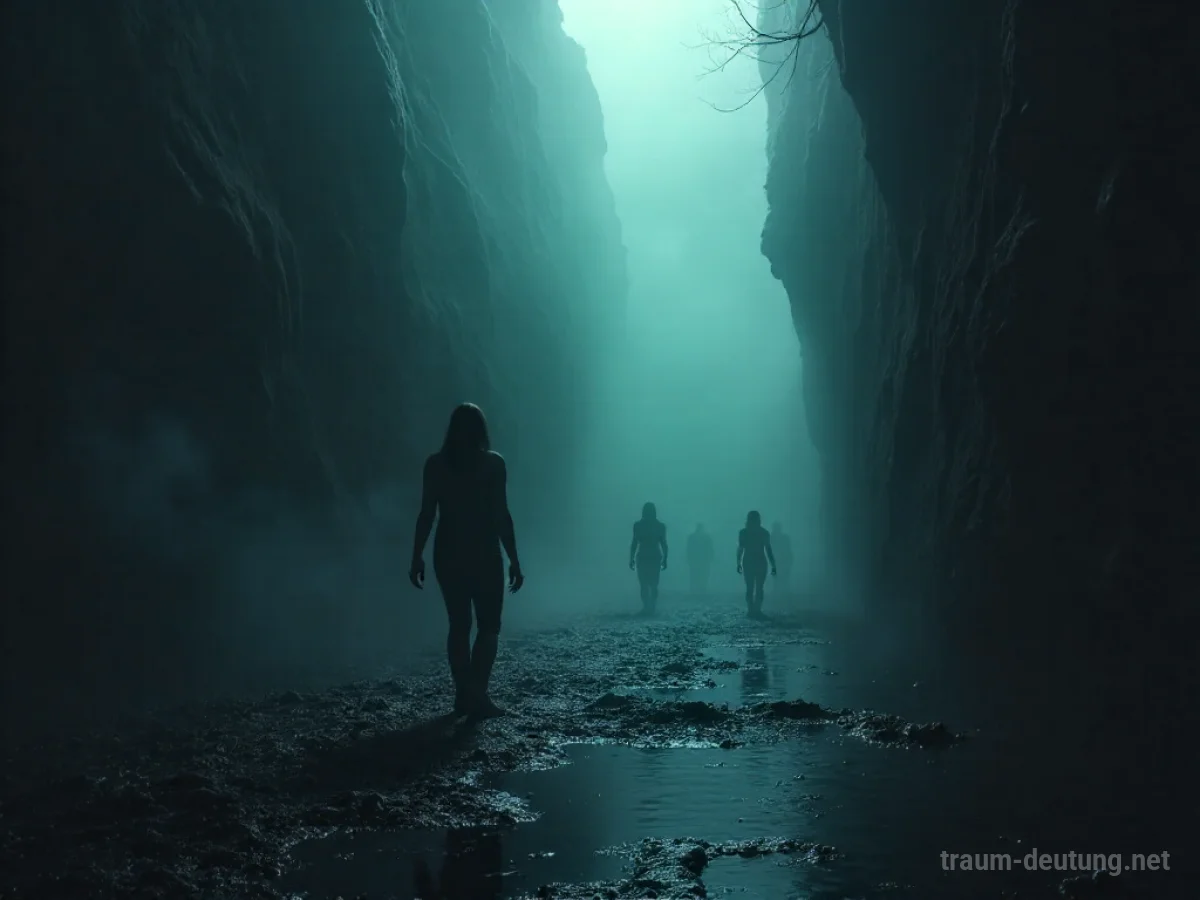 Traumdeutung Schlecht: Eine dunkle, beunruhigende Leere mit verzerrten menschlichen Figuren, die im Schatten verborgen sind, unter unheimlicher Beleuchtung.