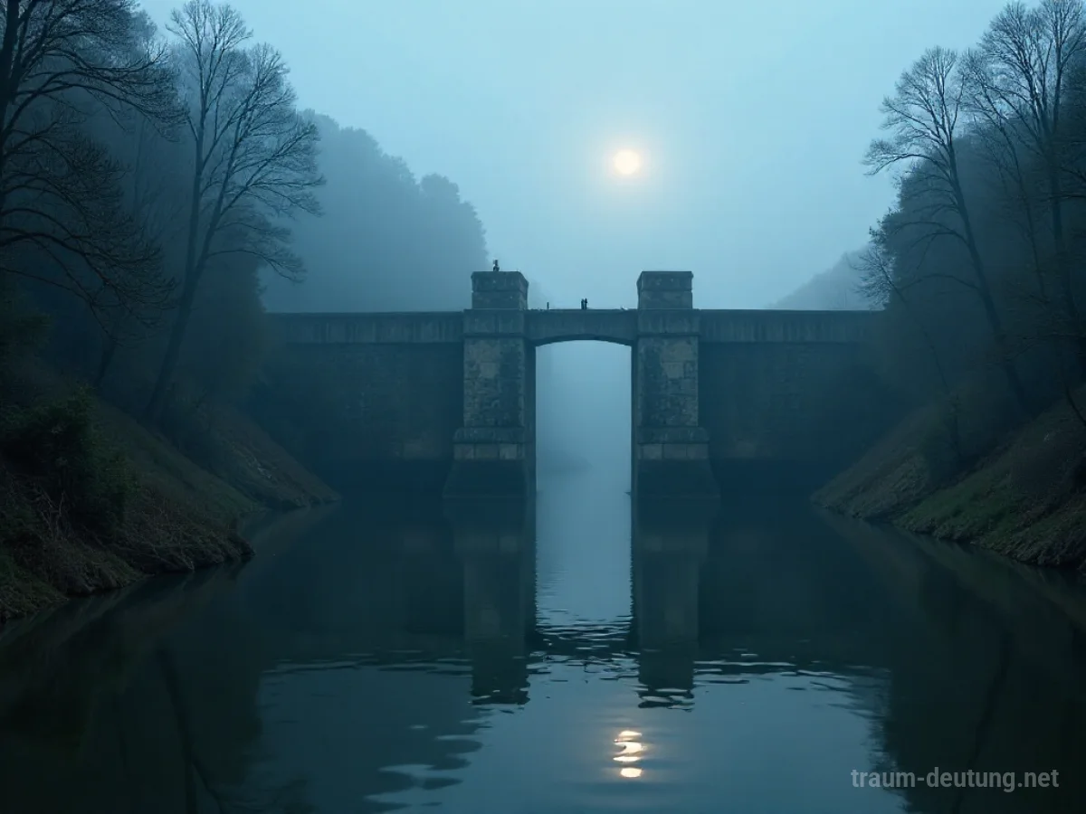 Traumsymbol Schleuse: Eine massive, alte Steinschleuse ragt aus trübem, dunklem Wasser im dichten Nebelwald, beleuchtet von gespenstischem Mondlicht.