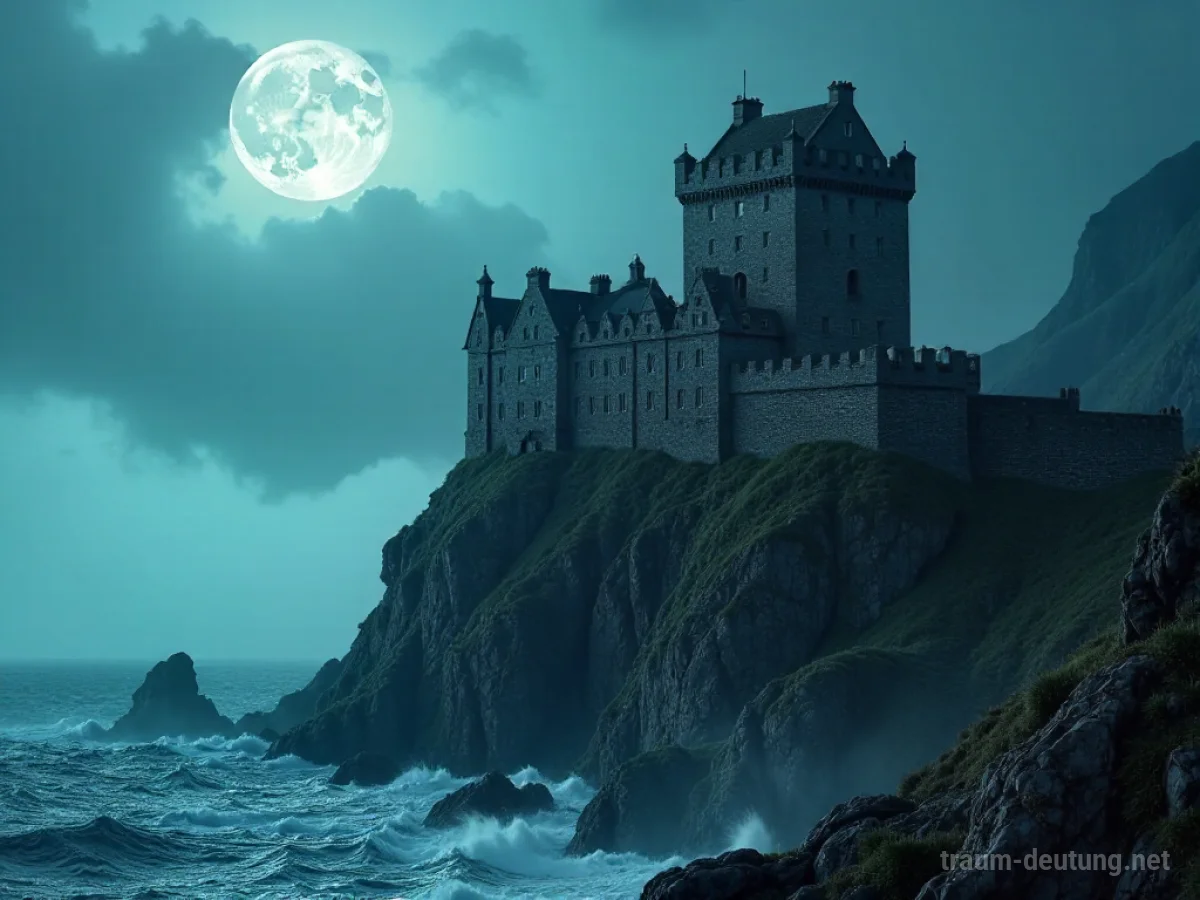 Traumsymbol Schloss: Eine majestätische, alte Steinfestung thront auf einer Klippe über einem nebligen Meer im Mondlicht.