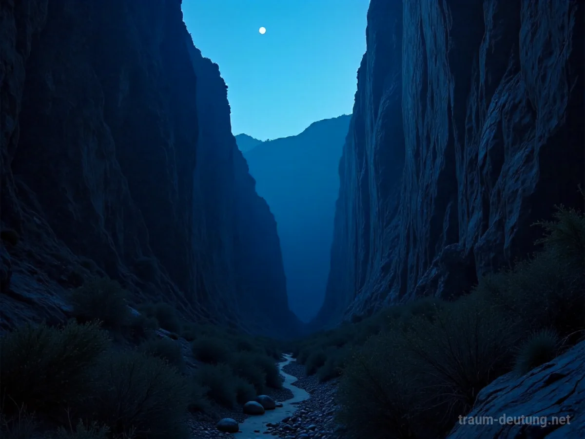 Traumsymbol Schlucht: Eine tiefe, schmale Schlucht mit steilen Felswänden im Zwielicht, ein dunkler Pfad führt in die Tiefe, über allem ein schmaler Mond.