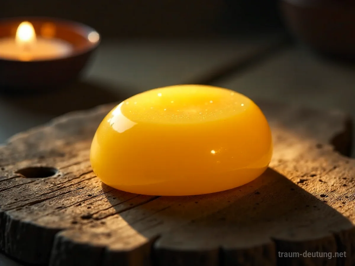 Traumsymbol Schmalz: Ein glänzender, goldgelber Klumpen ausgelassenes tierisches Fett liegt auf einem rustikalen Holztisch, beleuchtet von warmem Kerzenlicht, das lange Schatten wirft.