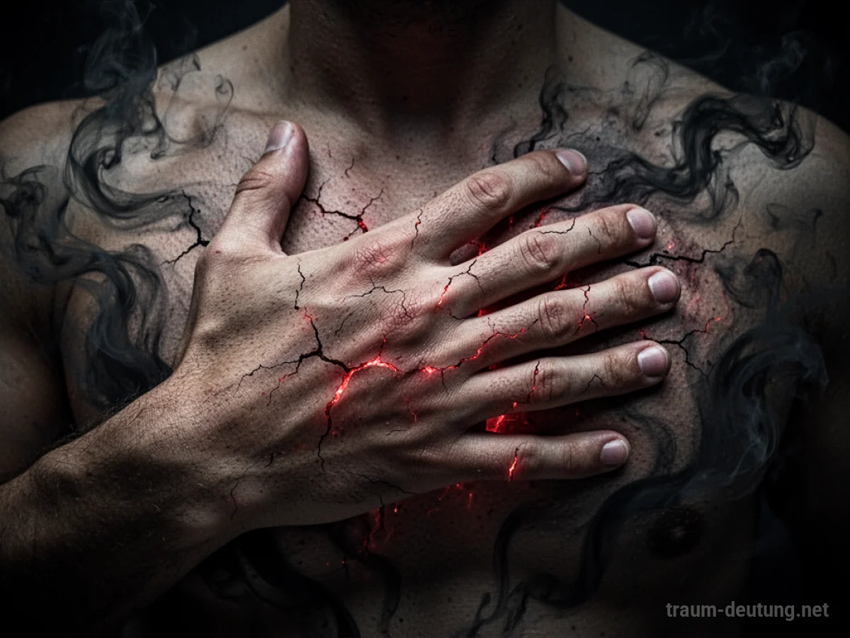 Traumsymbol Schmerz: Eine Hand presst sich schmerzhaft gegen die Brust, mit feinen Rissen, die rot leuchten, vor dunklem Hintergrund.