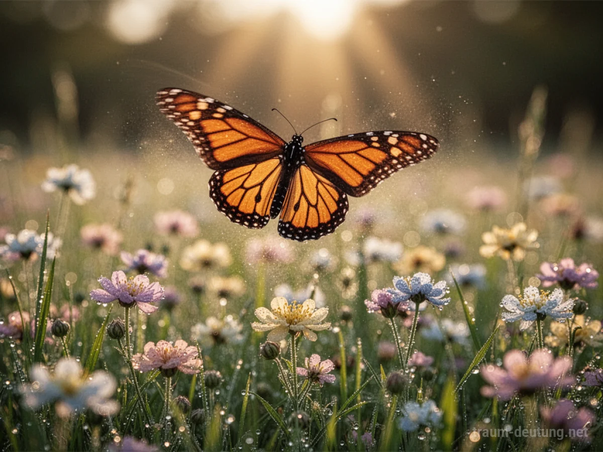 Traumsymbol Schmetterling: Ein Monarchfalter fliegt über einer blühenden Blumenwiese im warmen Abendlicht, die Flügel detailreich und in Bewegung.