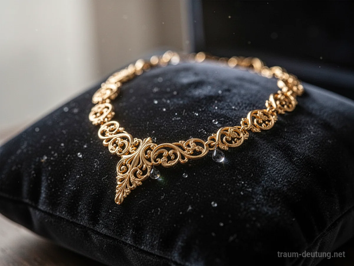 Traumsymbol Schmuck: Eine detaillierte Nahaufnahme einer kunstvollen goldenen Halskette mit filigranen Verzierungen, die auf einem dunklen Samtkissen liegt, beleuchtet von sanftem Seitenlicht.