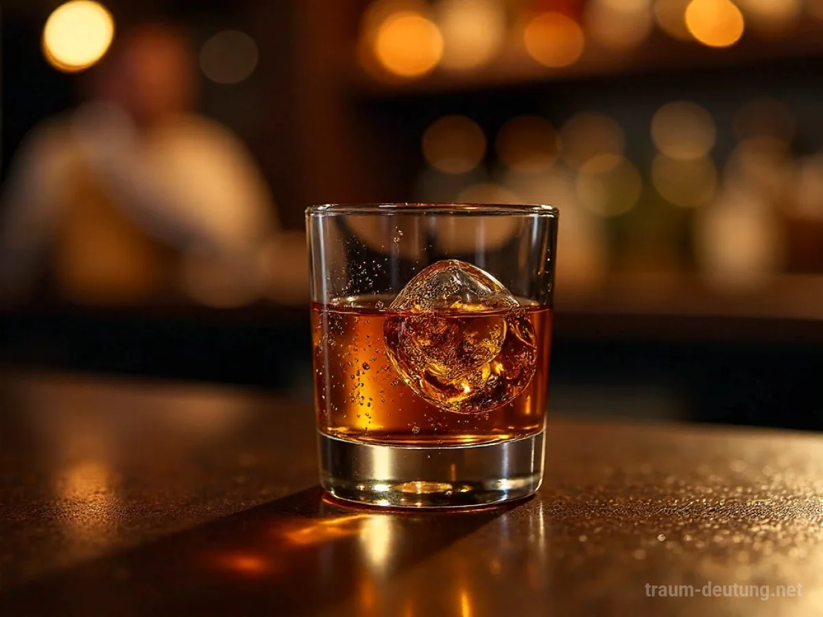 Traumsymbol Schnaps: Ein klares Schnapsglas mit goldenem Alkohol steht auf einer dunklen Holztheke, im Hintergrund eine unscharfe Bar-Szene.