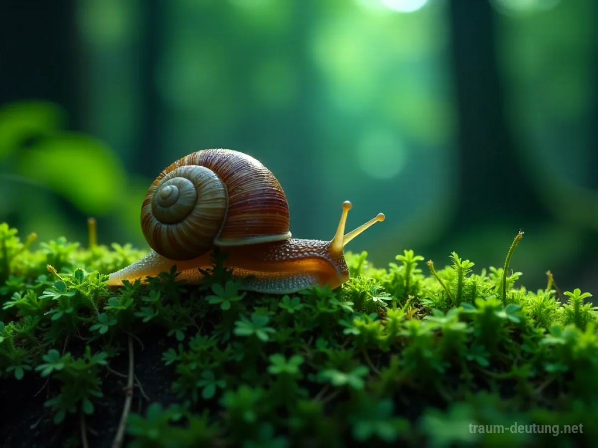 Traumsymbol Schnecke: Eine Gartenschnecke kriecht langsam über feuchtes Moos im Mondlicht eines Waldes, ihre Spirale ist deutlich erkennbar.