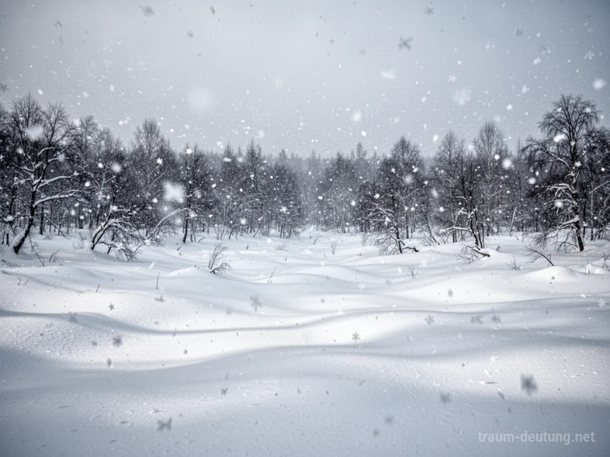 Traumsymbol Schnee: Eine unberührte, weite Schneelandschaft bedeckt einen stillen Wald unter einem blassen Himmel, mit einzelnen Schneeflocken, die sanft fallen.