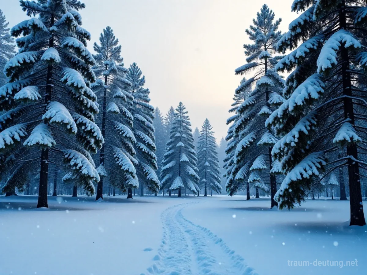 Traumsymbol Schneien: Ein ruhiger, von sanftem Schneefall bedeckter Waldlichtung in der Dämmerung mit hohen, verschneiten Kiefern.