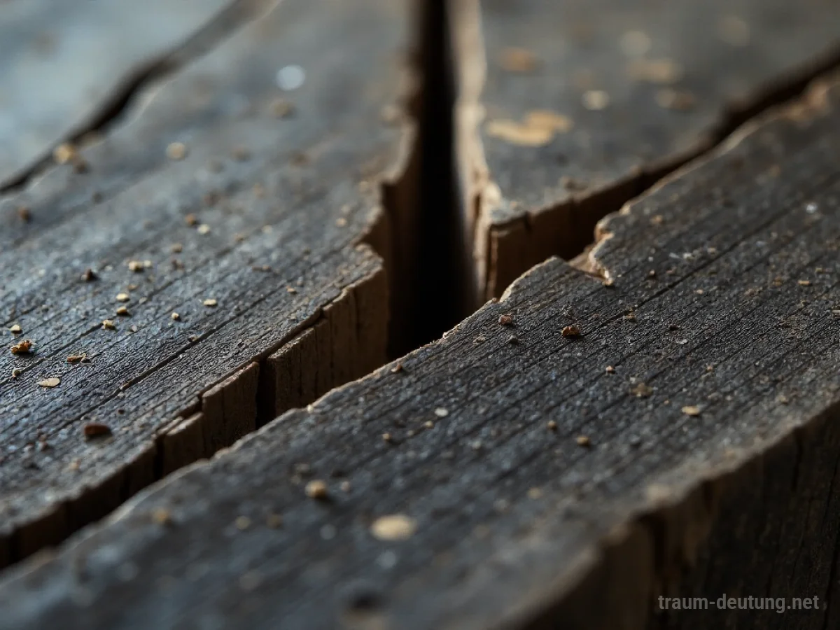 Traumsymbol Schnitt: Ein scharfer, sauberer Schnitt auf einem verwitterten Stück dunklem Holz, beleuchtet von seitlichem Licht.