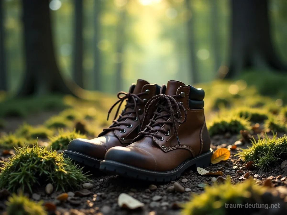 Traumsymbol Schnüren: Abgenutzte Lederwanderschuhe liegen auf feuchtem Waldboden, die dicken, braunen Schnürsenkel sind sorgfältig zu einem Doppelknoten gebunden, während Sonnenlicht durch die Baumkronen fällt.