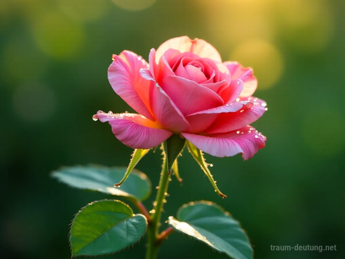 Traumsymbol Schön: Eine einzelne, makellose Rose mit Tautropfen im sanften Morgenlicht, umgeben von nebligem Grün.
