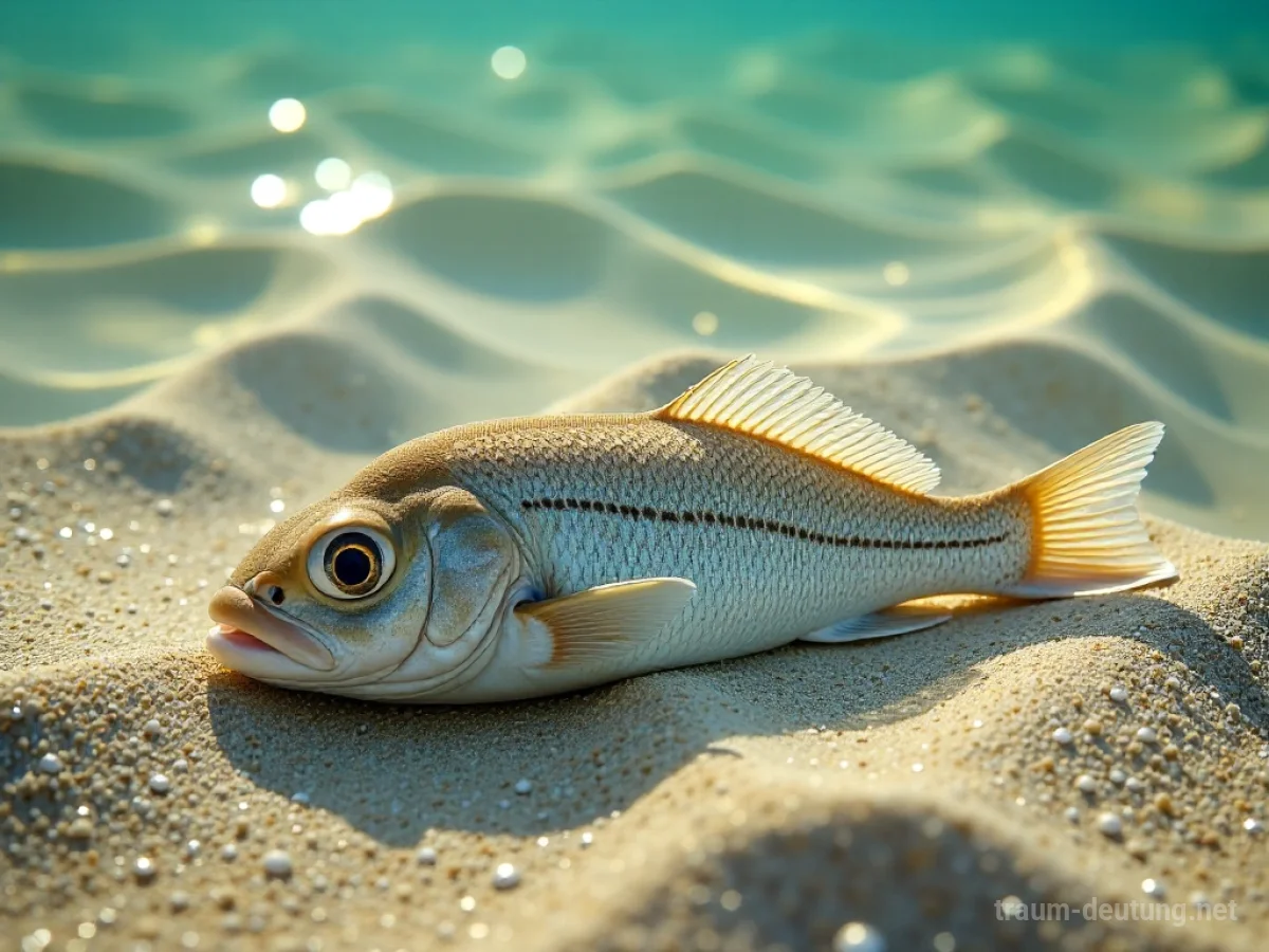 Traumsymbol Scholle: Eine Scholle ruht auf sandigem Meeresgrund, perfekt getarnt. Sonnenlicht fällt durch das klare Wasser und beleuchtet die feinen Sandkörner und Kieselsteine.