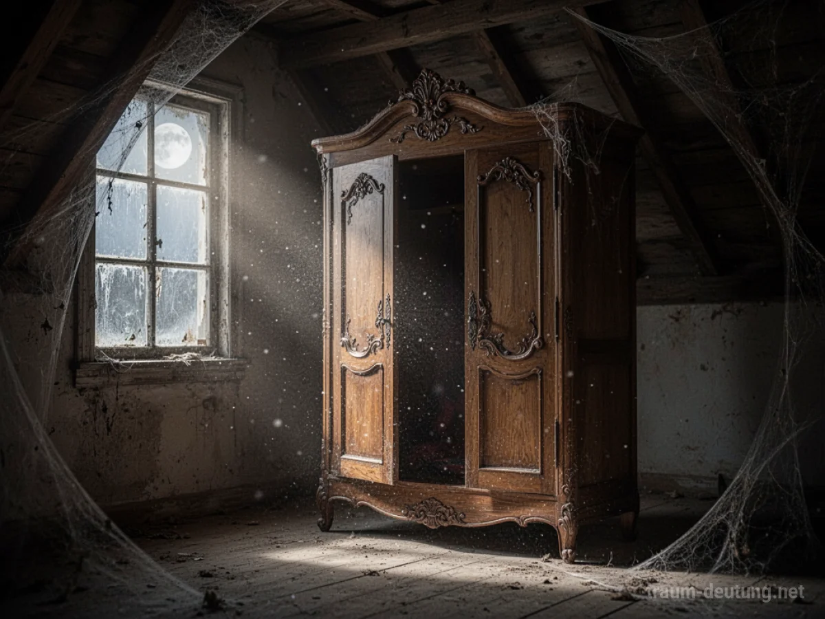 Traumsymbol Schrank: Ein alter Holzschrank steht in einem staubigen Dachboden, durch dessen leicht geöffneten Türen Dunkelheit dringt, beleuchtet von einem einzelnen Mondlichtstrahl.
