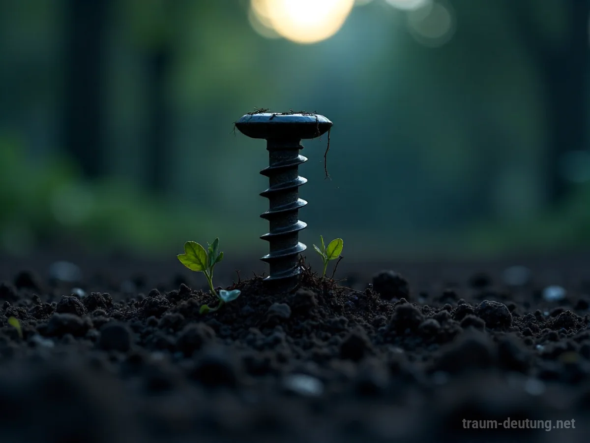 Traumsymbol Schraube: Eine verwitterte Metallschraube liegt halb im dunklen Erdreich begraben, umgeben von feinen Wurzeln und Blättern, beleuchtet von sanftem Mondlicht.