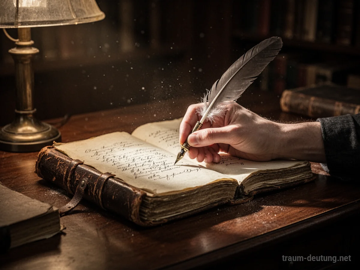 Traumdeutung Schreiben: Eine Hand schreibt mit einer Feder in ein altes Tagebuch, beleuchtet von warmem Lampenlicht auf einem dunklen Schreibtisch.