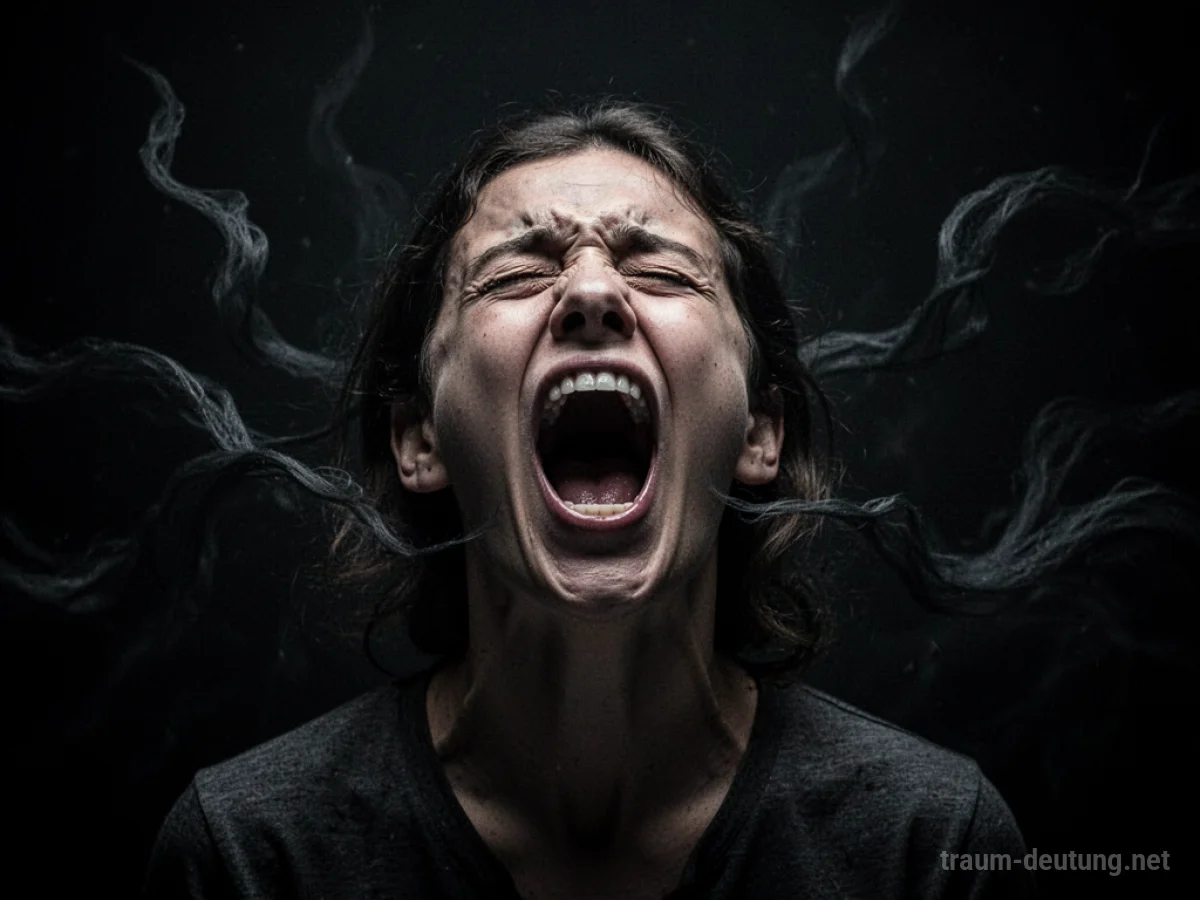 Traumsymbol Schreien: Eine Person mit weit aufgerissenem Mund schreit lautlos in einer dunklen, bedrückenden Leere, umgeben von schattenhaften Ranken.