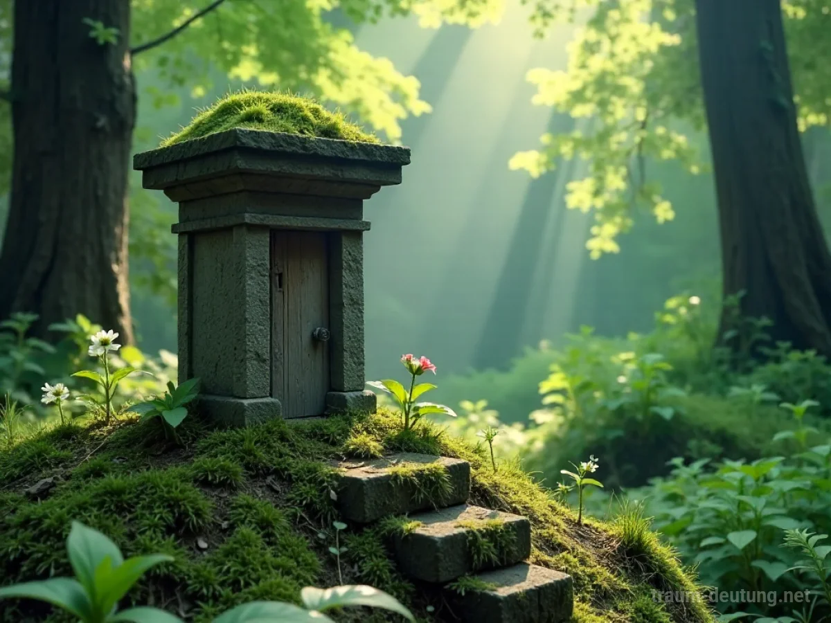 Traumsymbol Schrein: Ein alter Steinschrein steht in einer moosbewachsenen Waldlichtung, umgeben von Farnen und gefiltertem Sonnenlicht.