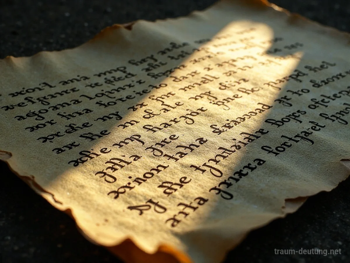 Traumsymbol Schrift: Antiker, zerfaserter Pergamentpapierbogen mit komplexer, fließender Schrift, beleuchtet von Mondlicht mit langen Schatten.
