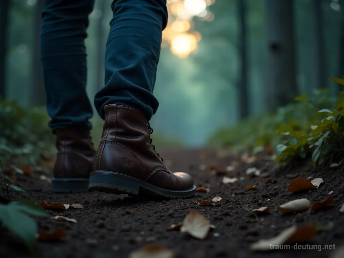Traumdeutung Schritt: Ein einzelner, abgetragener Lederstiefel hinterlässt einen Abdruck im feuchten Erdreich eines dunklen Waldweges, beleuchtet von Mondlicht.