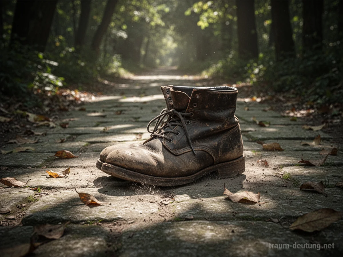 Traumsymbol Schuh: Ein abgetragener Lederstiefel ruht auf einem staubigen, alten Steinpfad, beleuchtet von gefiltertem Sonnenlicht.
