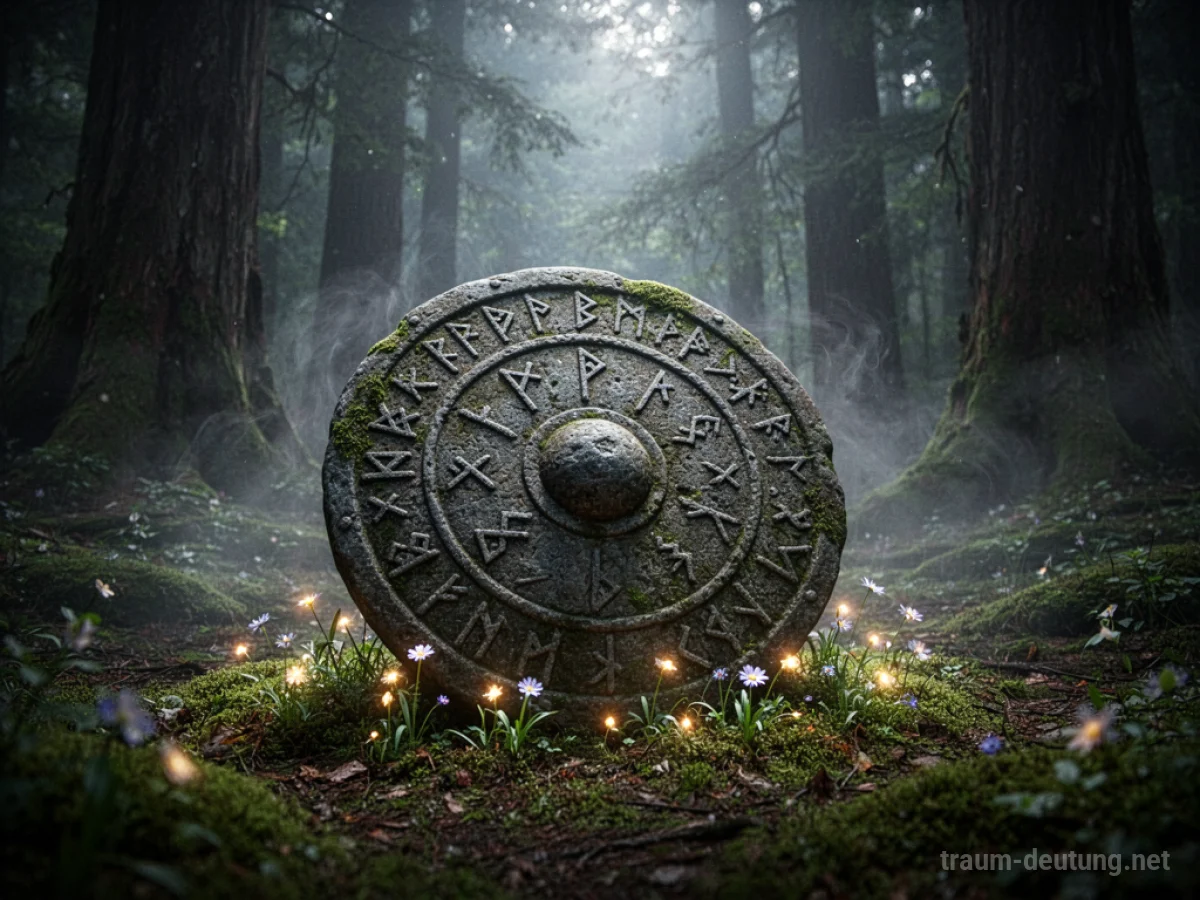 Traumsymbol Schutz: Ein alter, steinernes Schild mit Runen liegt auf moosbewachsenem Waldboden, beleuchtet von Mondlicht und umgeben von feinem Nebel.