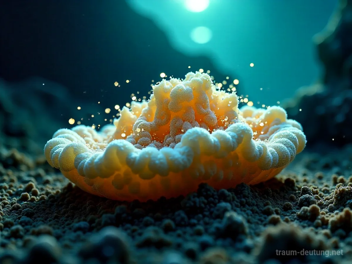 Traumsymbol Schwamm: Ein poröser Naturschwamm liegt auf feuchtem, dunklem Meeresboden, umgeben von sanft leuchtendem Plankton im klaren, diffus beleuchteten Wasser.
