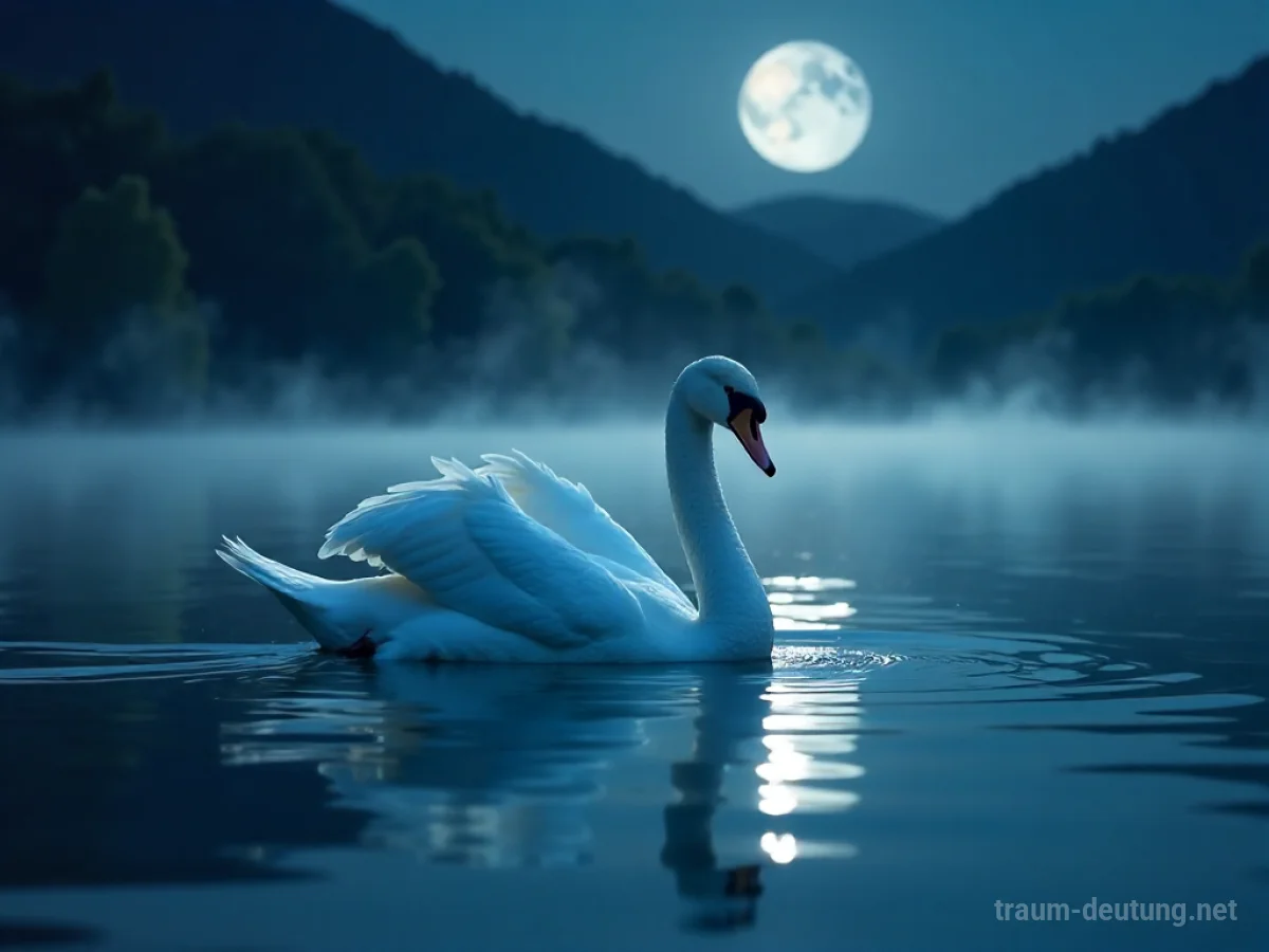 Traumsymbol Schwan: Ein majestätischer weißer Schwan gleitet ruhig auf einem mondbeschienenen See, dessen Oberfläche glatt ist und den Sternenhimmel reflektiert.