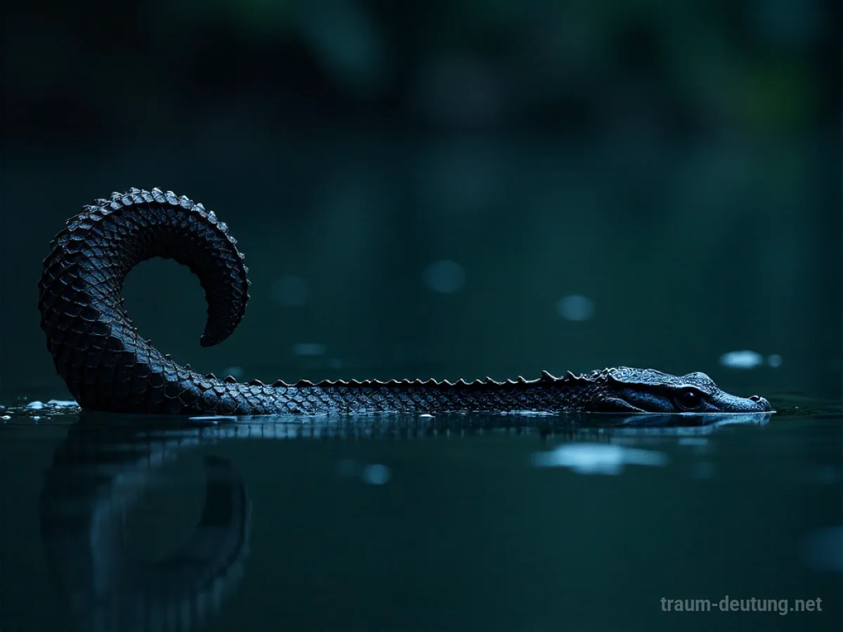 Traumsymbol Schwanz: Ein langer, dunkler, schuppiger Reptilienschwanz ragt aus tiefem, trübem Wasser, beleuchtet von fahlem Mondlicht.
