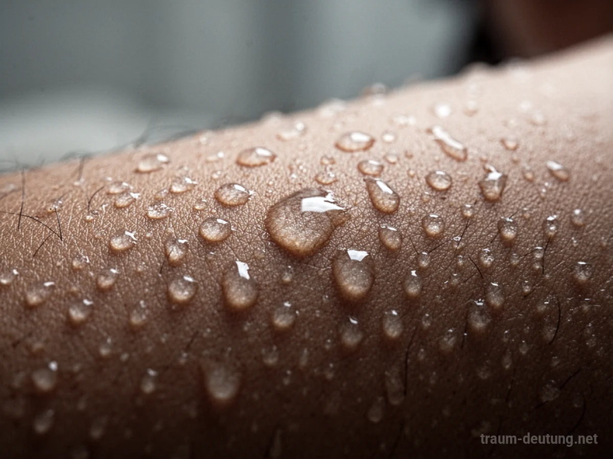 Traumsymbol Schweiß: Feine Schweißtropfen glänzen auf Haut, reflektieren gedämpftes Licht, detailreiche Textur, unscharfer Hintergrund.