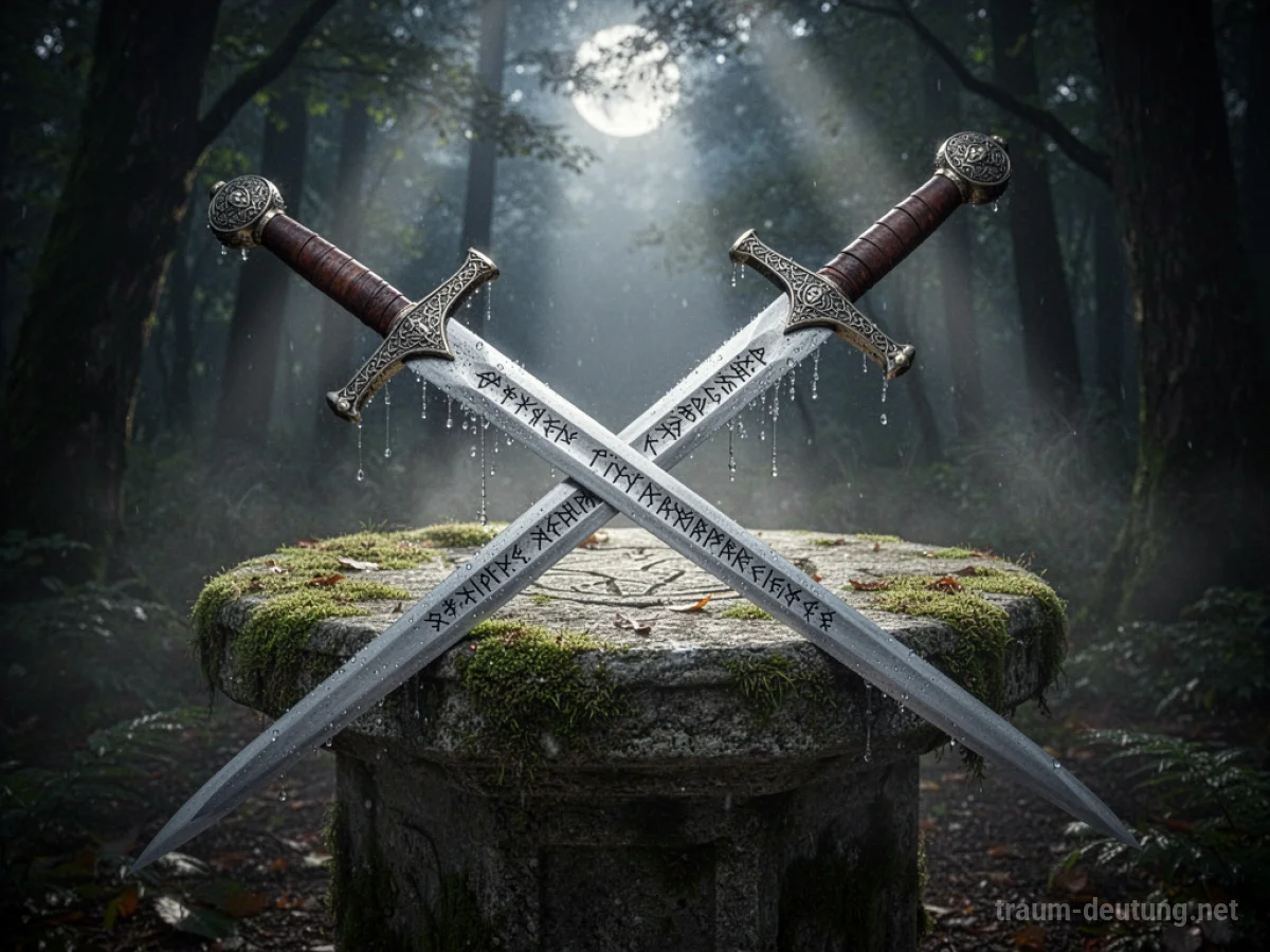 Traumdeutung Schwert: Ein mittelalterliches Schwert mit Runen ist in einem moosbewachsenen Steinaltar versunken, beleuchtet von mystischem Mondlicht im Wald.