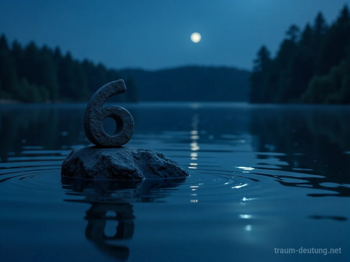 Traumsymbol Sechs: Eine alte Stein-Zahl Sechs liegt im Mondlicht auf der Oberfläche eines dunklen Sees.