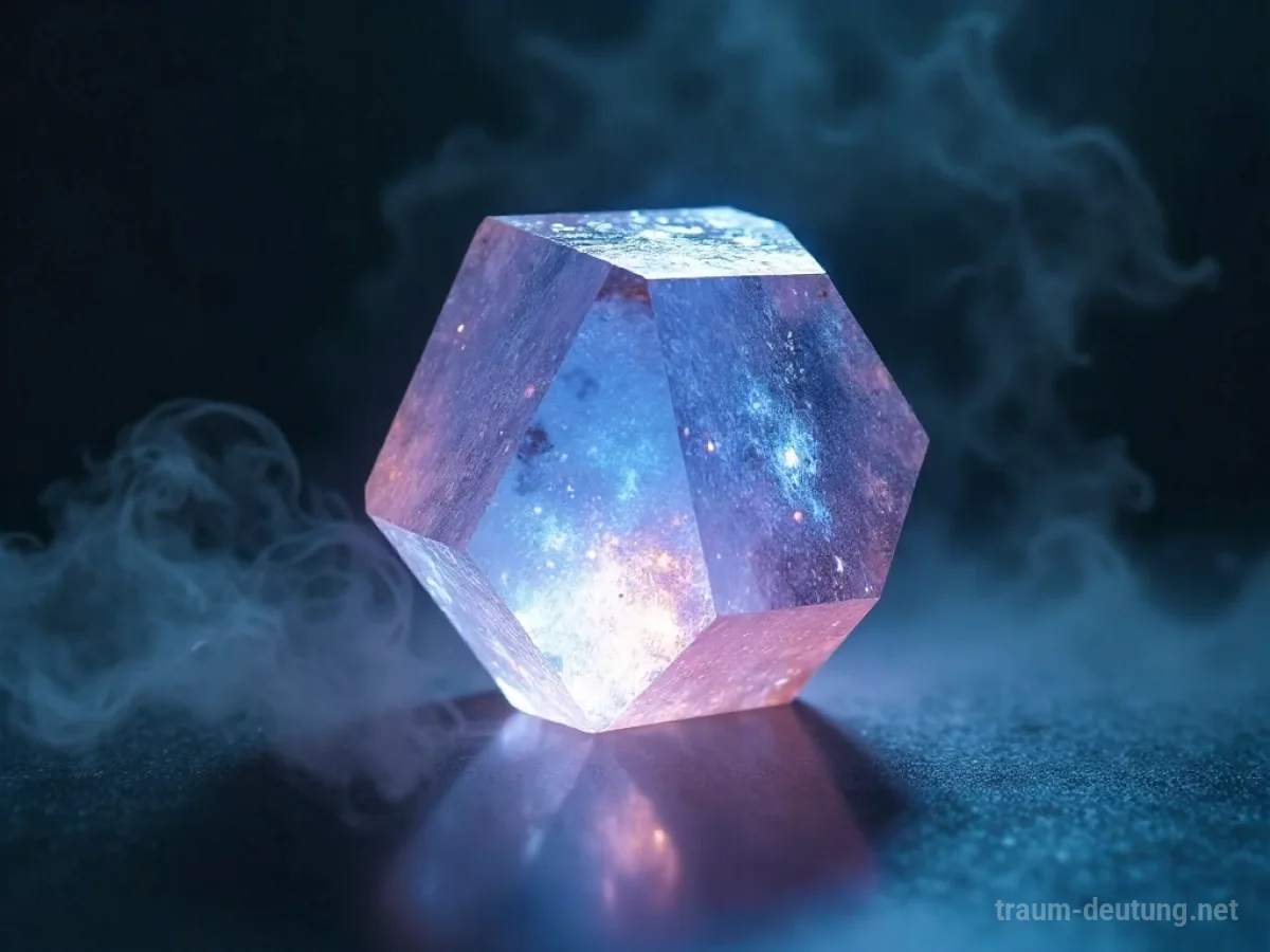 Traumsymbol Sechseck: Ein schimmerndes, perfektes sechseckiges Kristall schwebt in einer nebligen, mystischen Leere, beleuchtet von einem sanften inneren Licht.