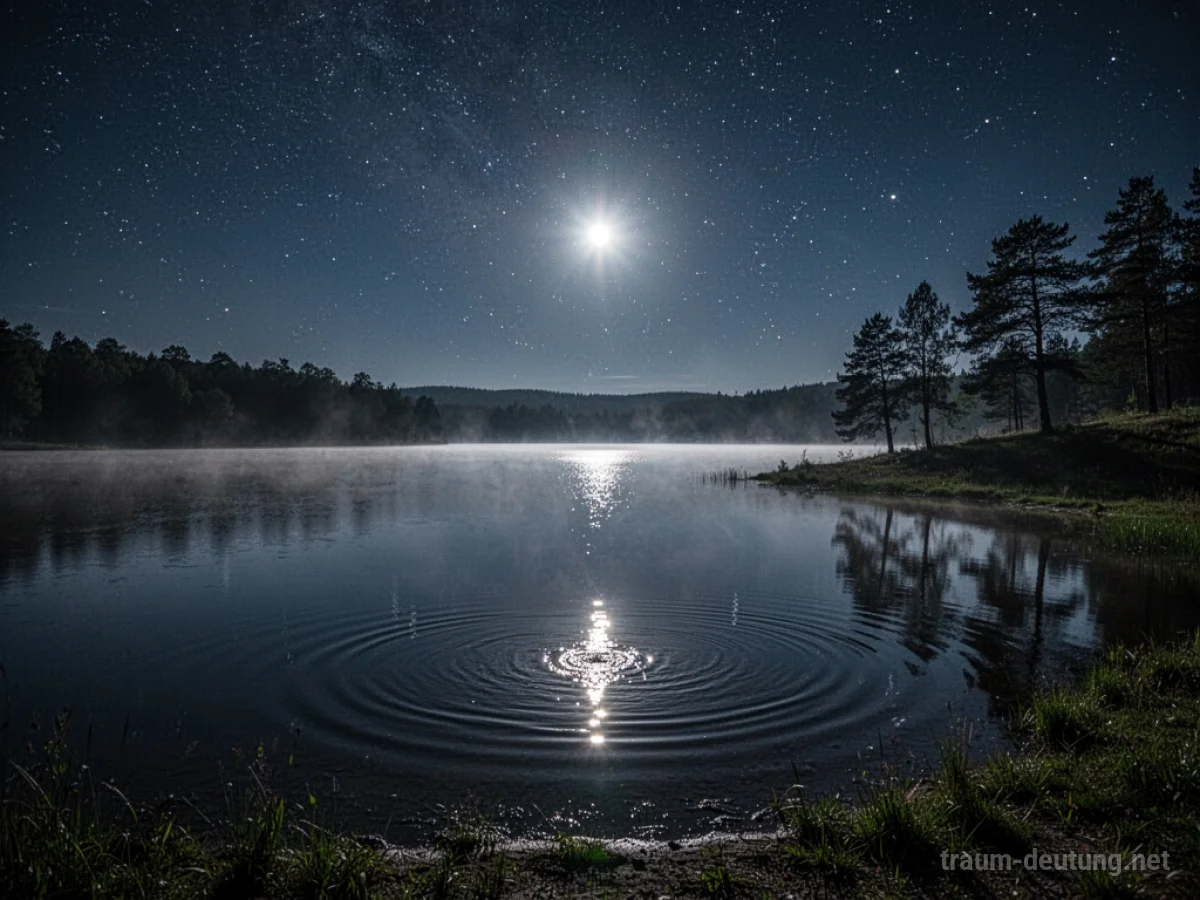 Traumsymbol See: Ein tiefer, ruhiger See unter einem sternenklaren Nachthimmel mit Mondlicht, das sich auf der Wasseroberfläche spiegelt.