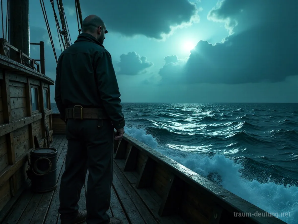 Traumsymbol Seemann: Ein einsamer, wettergegerbter Seemann steht auf dem Deck eines alten Holzschiffs und blickt auf ein stürmisches Meer unter dramatischem Mondlicht.
