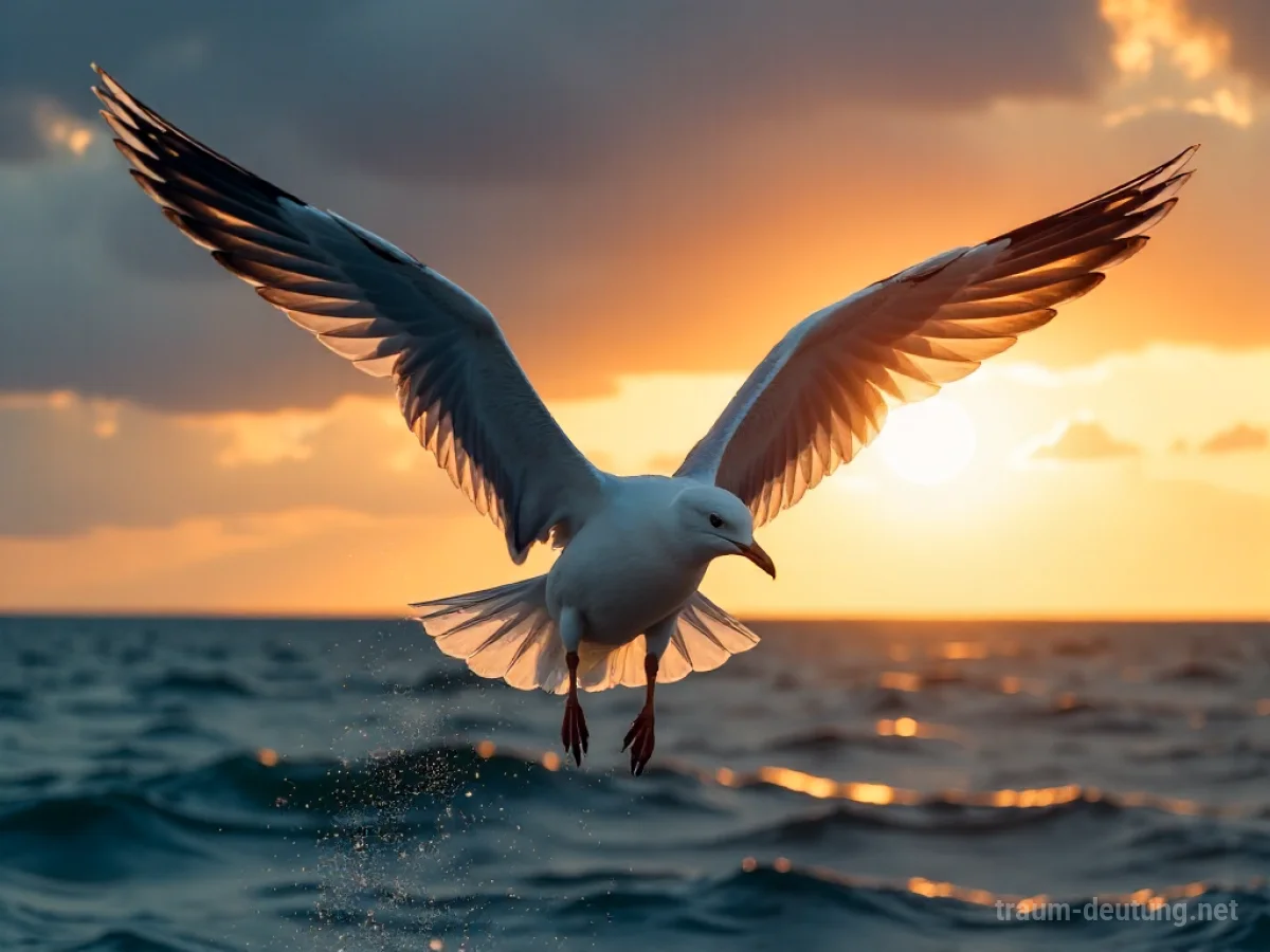 Traumsymbol Seemöwe: Eine majestätische Seemöwe fliegt über einem stürmischen Meer bei Sonnenuntergang.