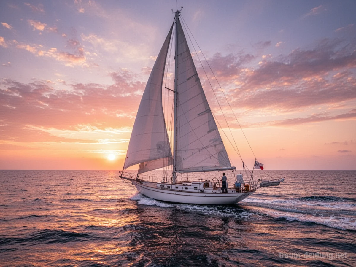 Traumdeutung Segeln: Ein Segelboot mit vollen weißen Segeln fährt auf ruhigem Meer unter einem farbenprächtigen Sonnenuntergangshimmel.