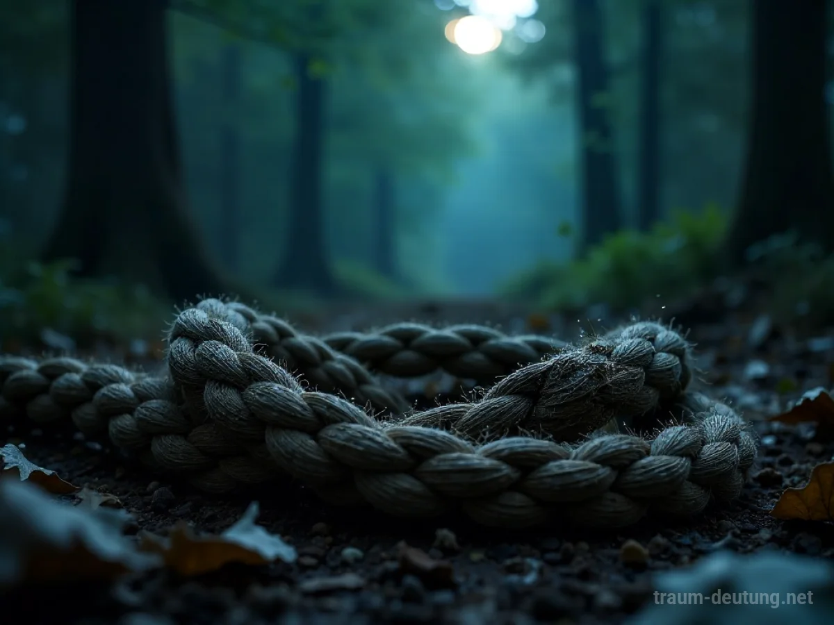 Traumsymbol Seil: Ein dickes, verwittertes Seil liegt auf einem dunklen Waldboden, beleuchtet von mystischem Mondlicht.