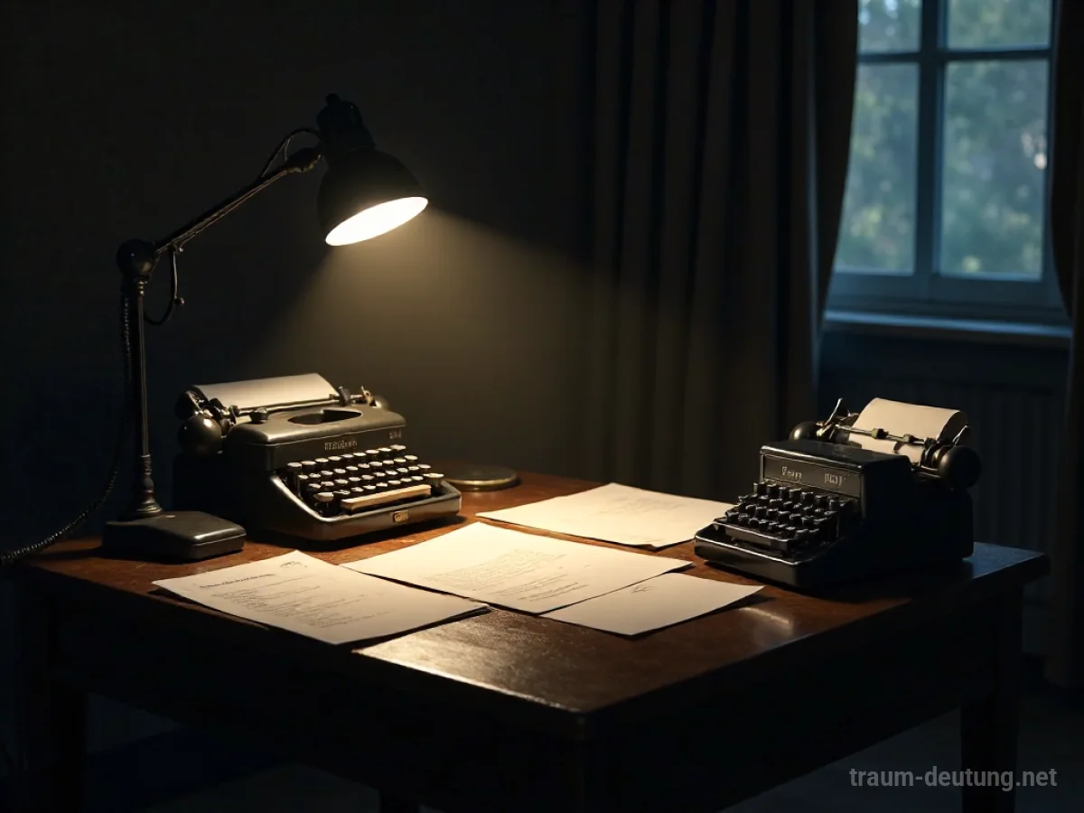 Traumdeutung Sekretär: Ein alter Schreibtisch mit Schreibmaschine, Telefon und Papieren, beleuchtet von einem einzelnen Spotlicht in einem dunklen Büro.