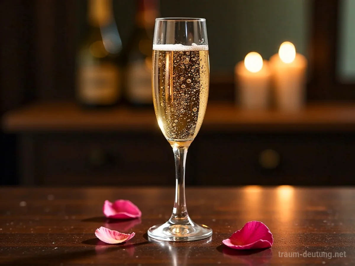 Traumdeutung Sekt: Eine Champagnerflöte gefüllt mit goldenem Sekt steht auf einem dunklen Holztisch, umgeben von verstreuten Rosenblättern.