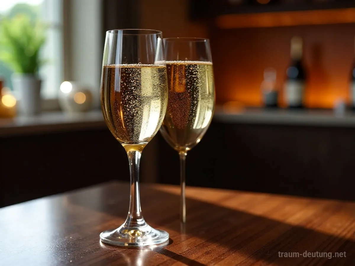 Traumsymbol Sektglas: Ein elegantes Sektglas gefüllt mit goldenem Champagner steht auf einer dunklen Holzoberfläche, beleuchtet von warmem Seitenlicht.
