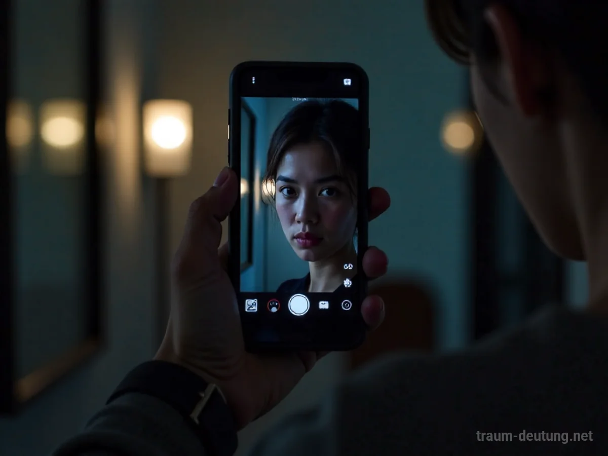 Traumdeutung Selfie: Eine Hand hält ein Smartphone, das ein Selfie in einem schwach beleuchteten, reflektierenden Raum aufnimmt.