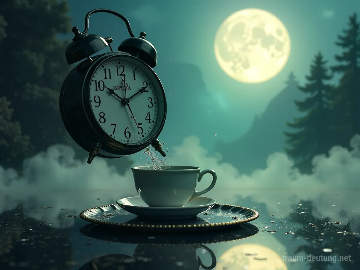 Traumdeutung Seltsam: Eine surreale Landschaft mit schmelzender Uhr, schwebender Teetasse und einem riesigen Auge in einem Riss im Boden, beleuchtet von Mondlicht.