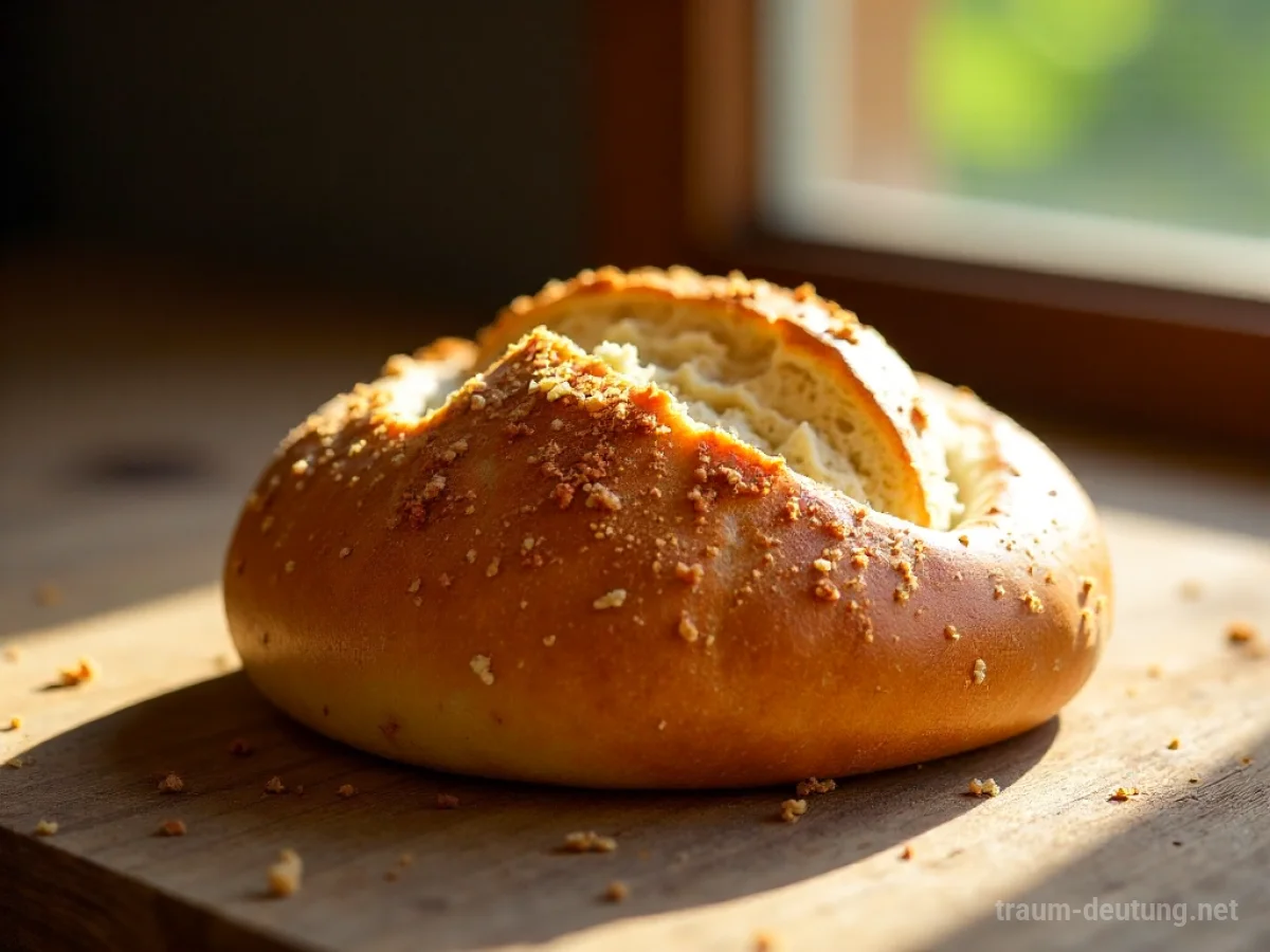 Traumsymbol Semmel: Eine goldbraune, frisch gebackene Semmel liegt auf einem rustikalen Holztisch im warmen Morgenlicht.