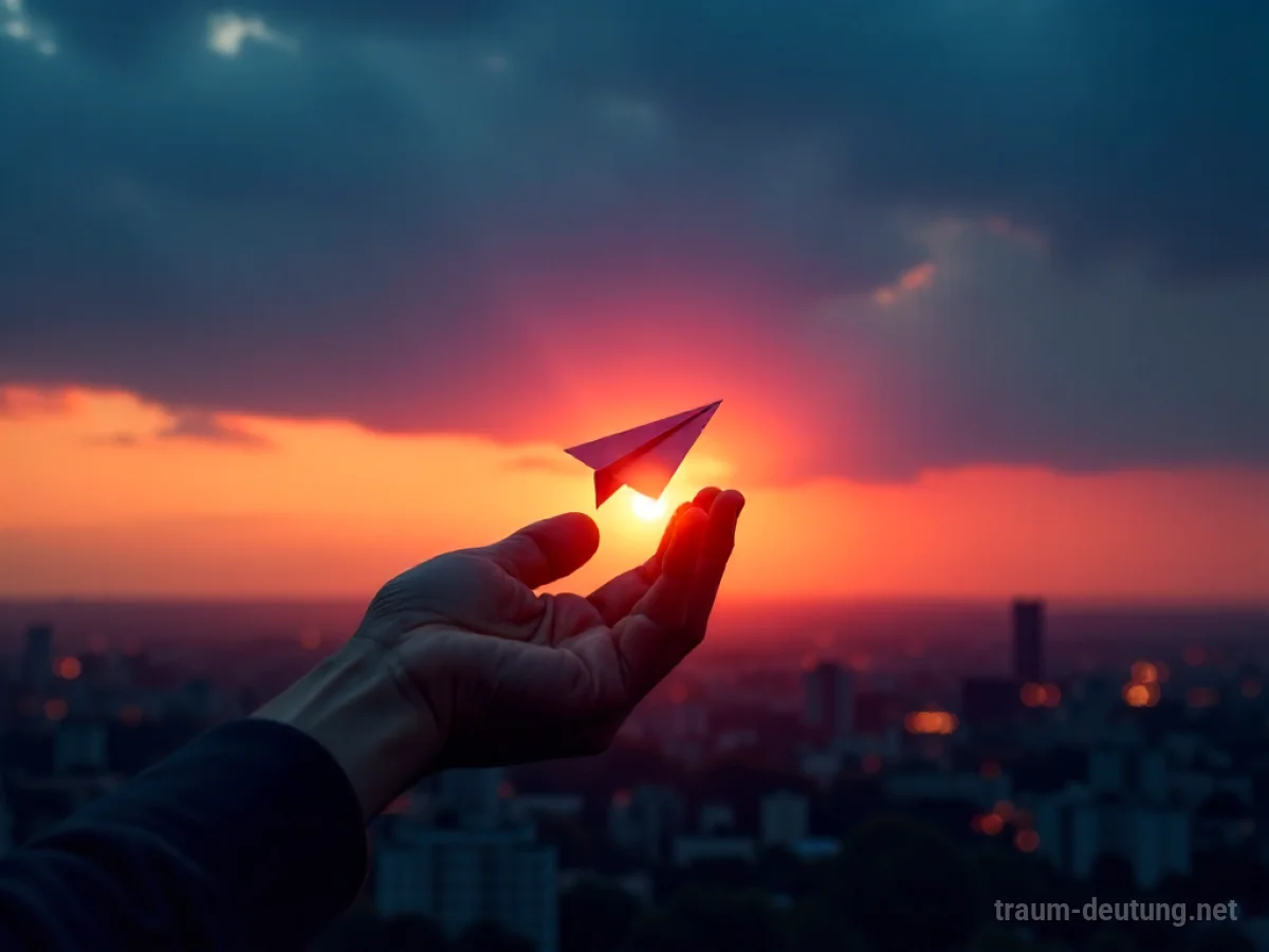 Traumsymbol Senden: Eine Hand lässt ein leuchtendes Papierflugzeug in einen dämmrigen Himmel los, das ein Lichtband hinter sich zieht.