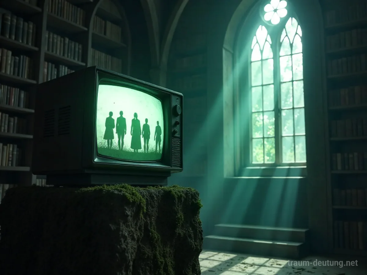 Traumdeutung Serie: Ein alter Fernseher mit flackernden Schattenfiguren steht in einer staubigen Bibliothek im Mondlicht.