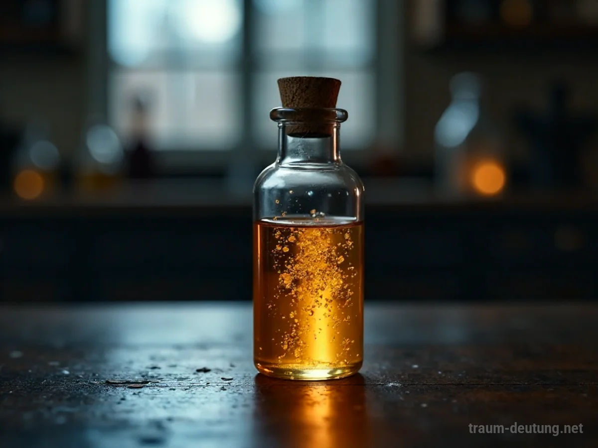 Traumdeutung Serum: Ein leuchtendes goldenes Serum in einer Glasphiole auf dunklem Holz, im Hintergrund ein mysteriöses Labor.