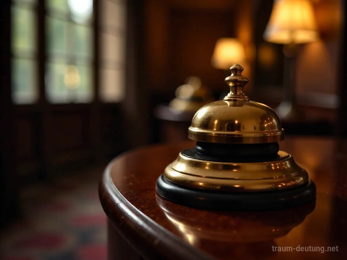 Traumsymbol Service: Eine glänzende Messing-Serviceglocke steht auf einem dunklen Holzschreibtisch im gedämpften Licht einer Hotelhalle.