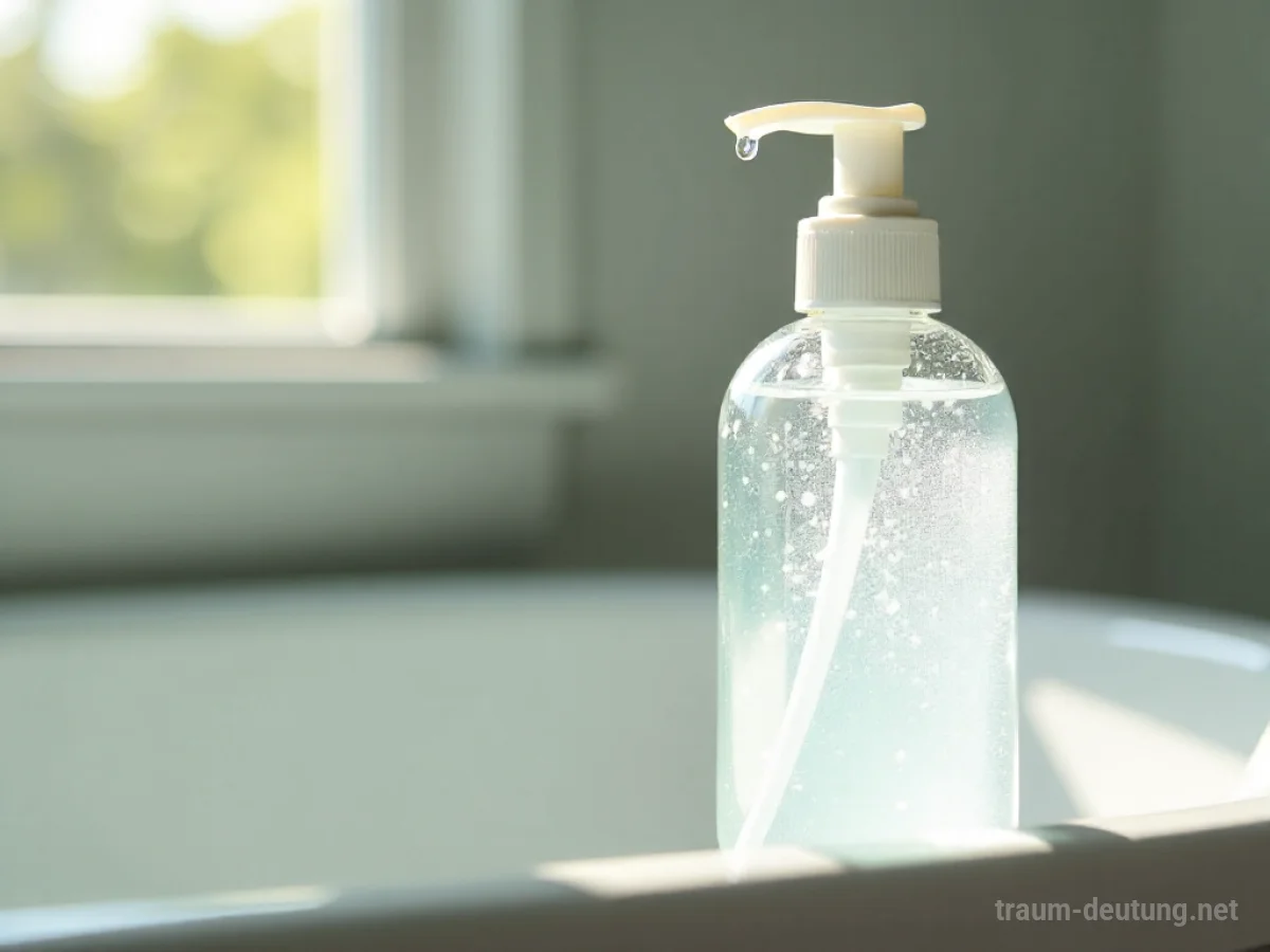 Traumdeutung Shampoo: Eine halbleere Flasche Shampoo mit perlmuttartiger Flüssigkeit steht am Rand einer weißen Badewanne im sanften Sonnenlicht.
