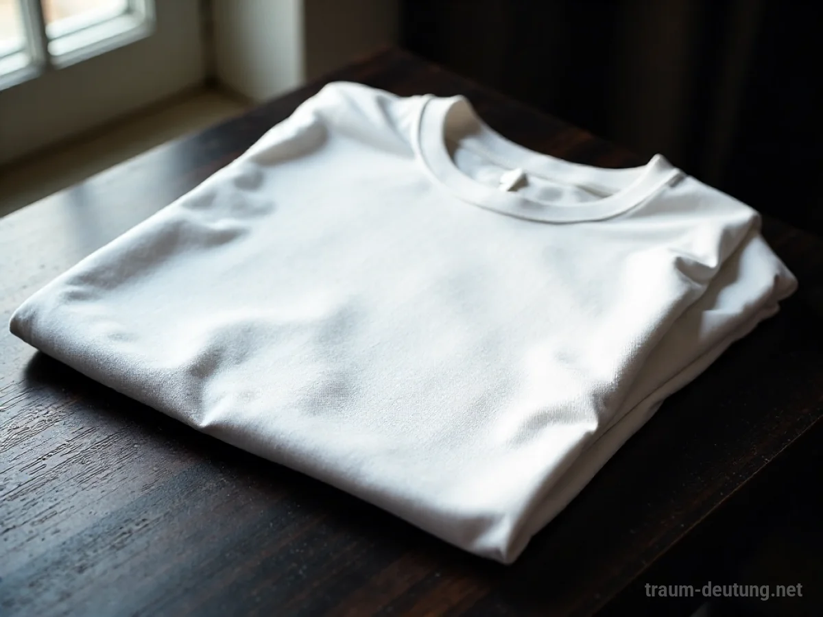 Traumdeutung Shirt: Ein makelloses weißes T-Shirt liegt auf einem dunklen Holz tisch, beleuchtet von weichem, natürlichem Licht.